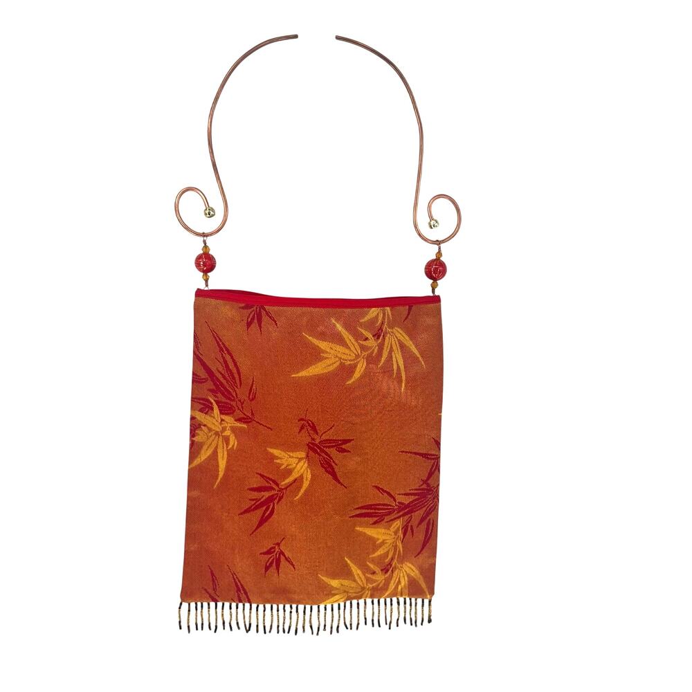 Red Gold Silk Brocade Bag with Copper Handle & Beaded Fringe